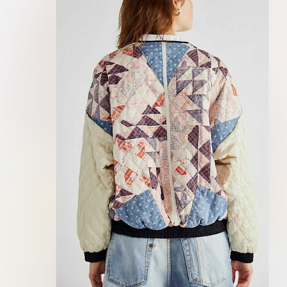 Free People Rudy Patchwork Quilted Bomber Jacket - size L - Picture 3 of 10